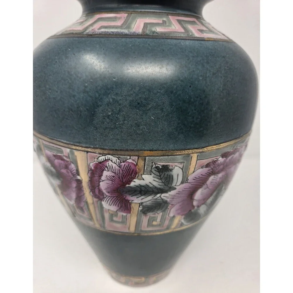 Vintage Japanese Style Porcelain‎ Vase Green Cloisonne Look Pink Floral 10